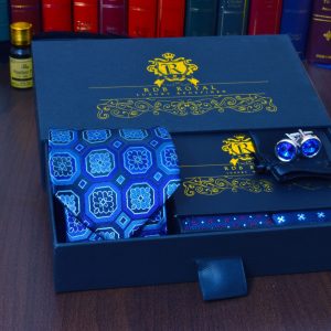 modrý pánsky hodvábny darčekový set s manžetovými gombíkmi swarovski