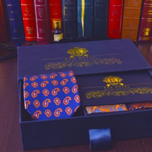 Hodvábny luxusný modro oranžový elegantný pánsky set
