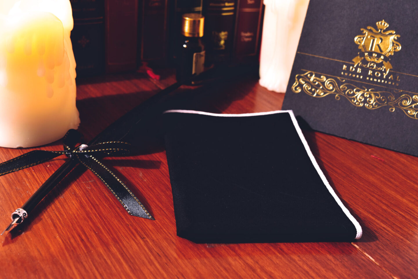 Black cotton pocket square with white contrast edge