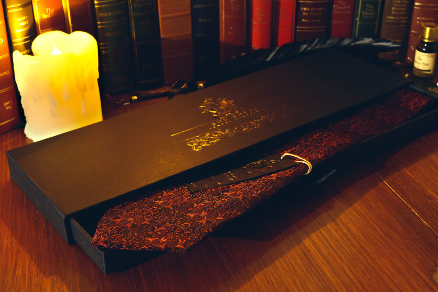 Men's silk red floral tie on black silk lining