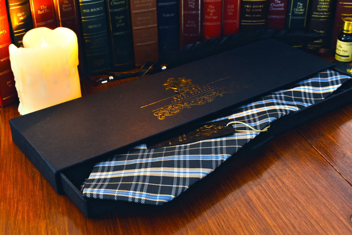 Black yellow blue plaid silk necktie