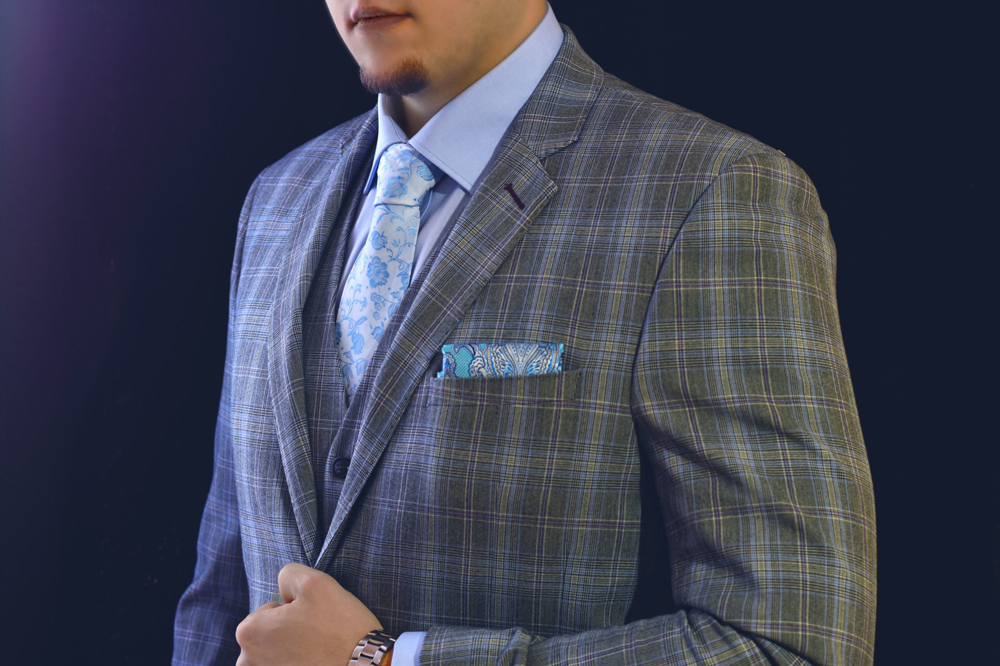 Elegant formal bright blue luxurious silk handmade tie with floral pattern