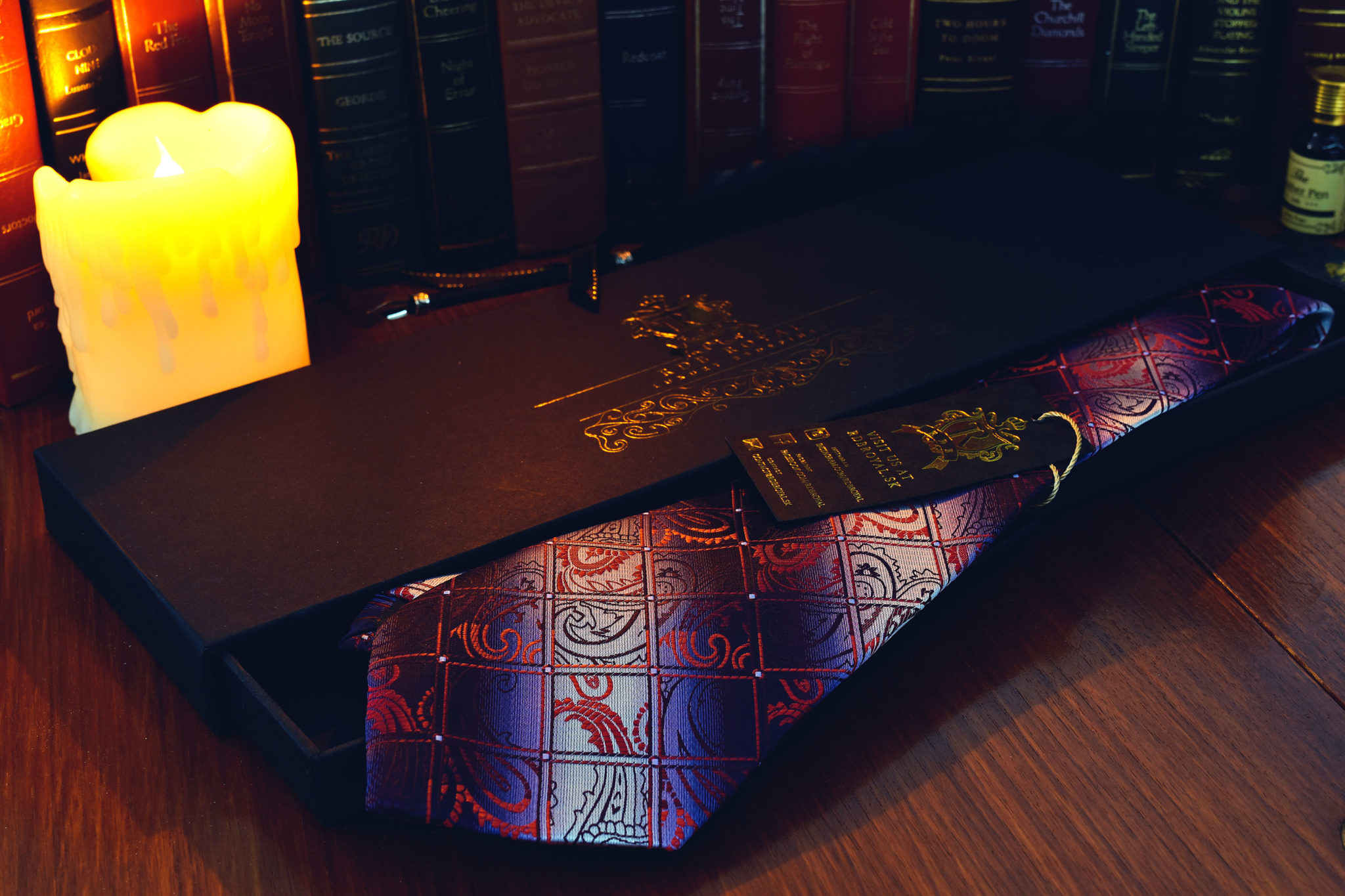 Blue and red checkered paisley tie