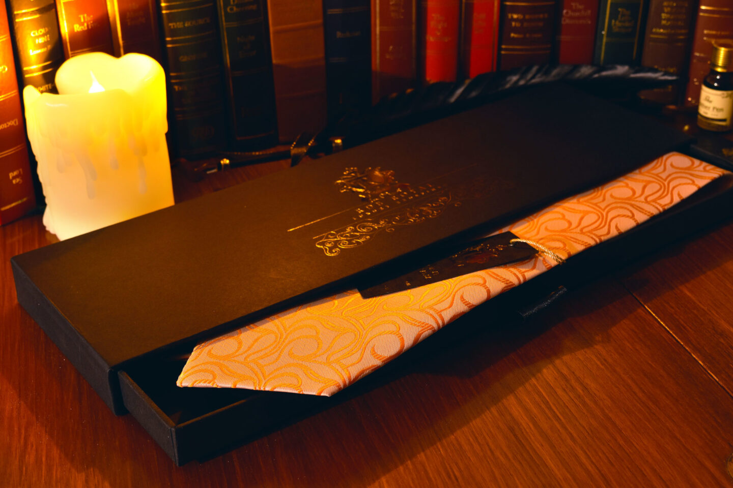 Orange ornamental patterned silk necktie