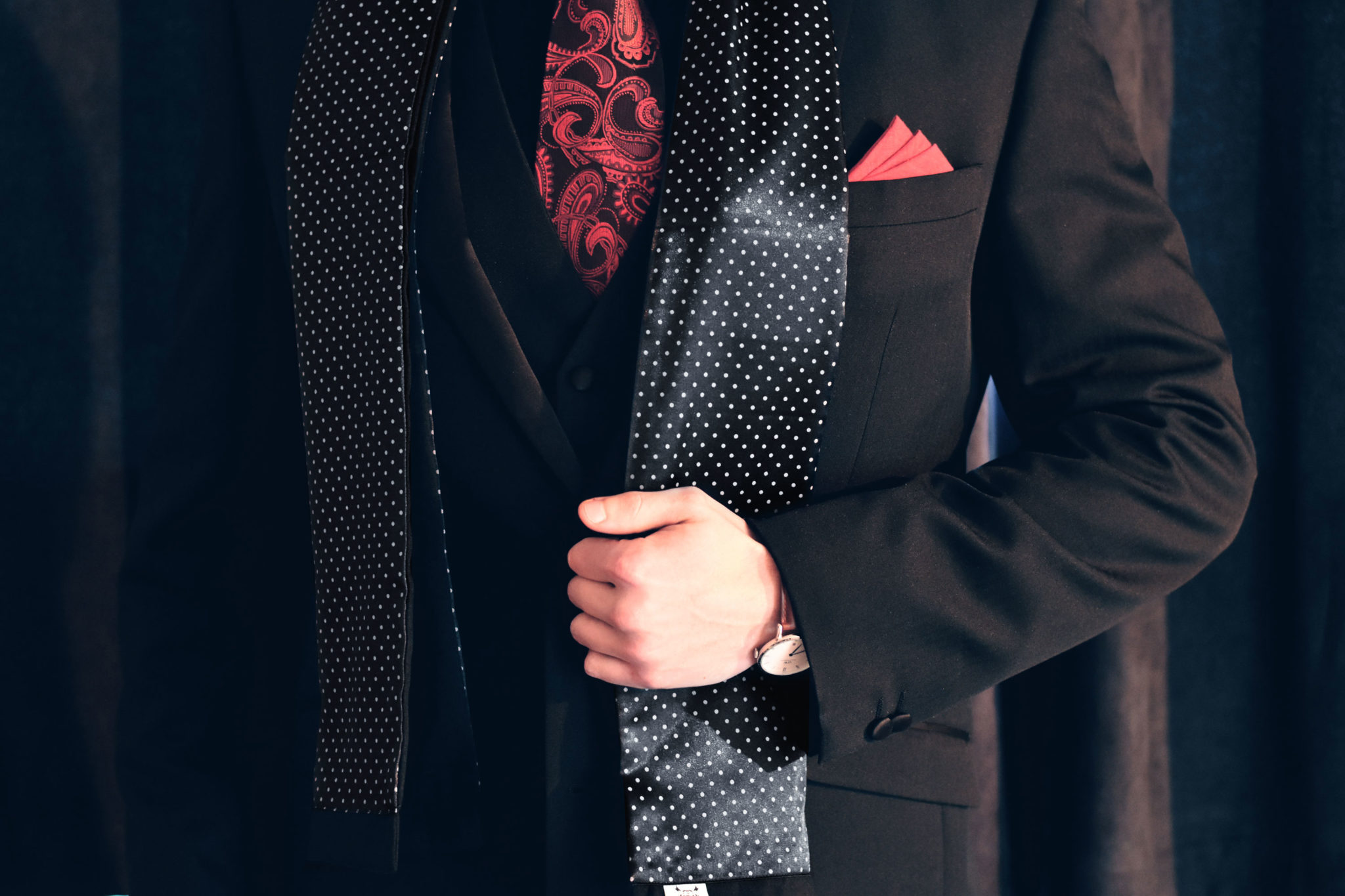 Silk luxurious formal suit scarf in black color with polka dot pattern