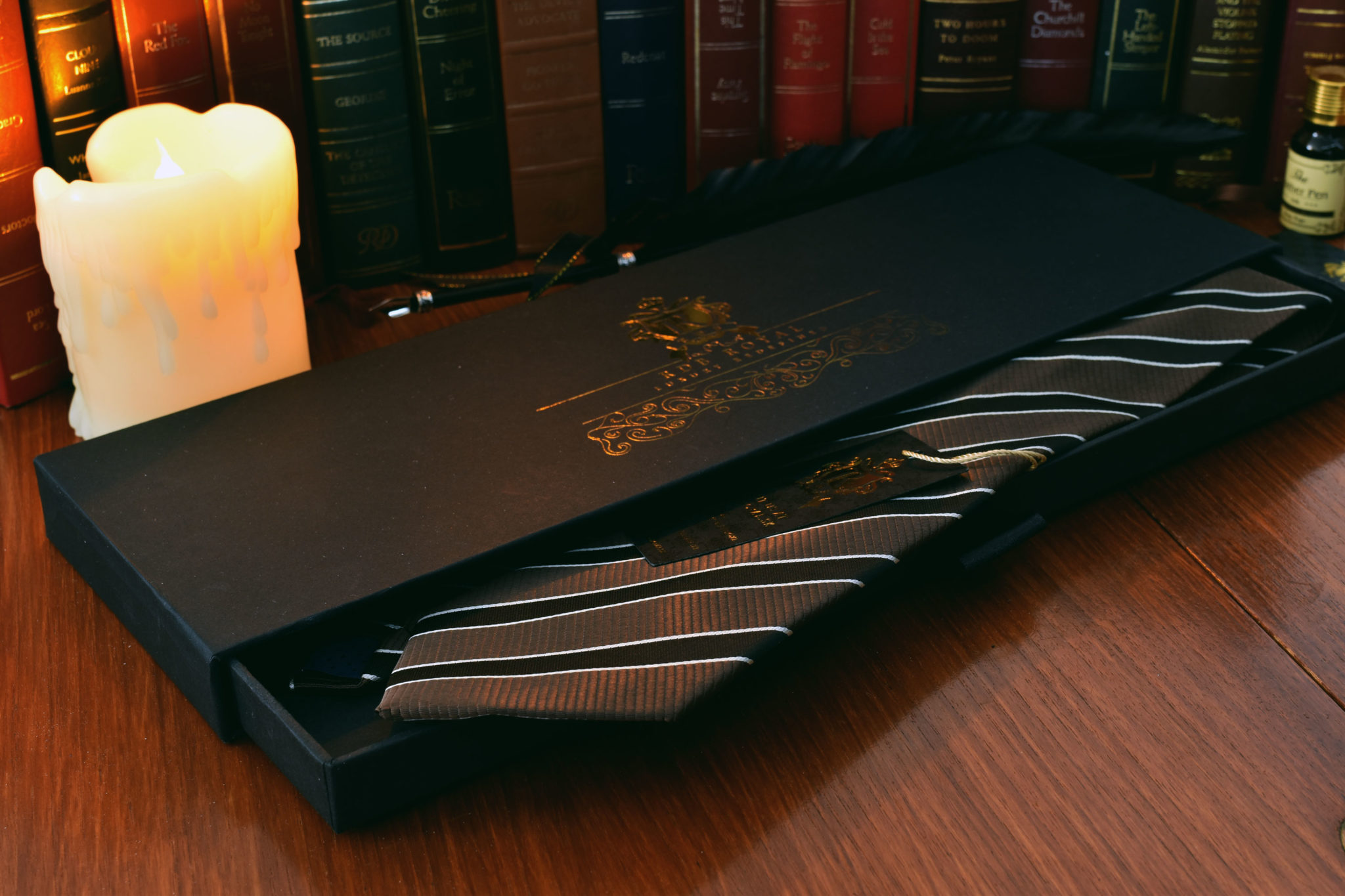 Brown silk striped necktie