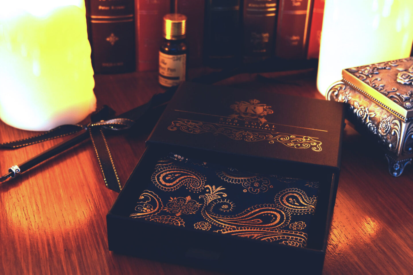 Blue gold paisley pocket square handkerchief