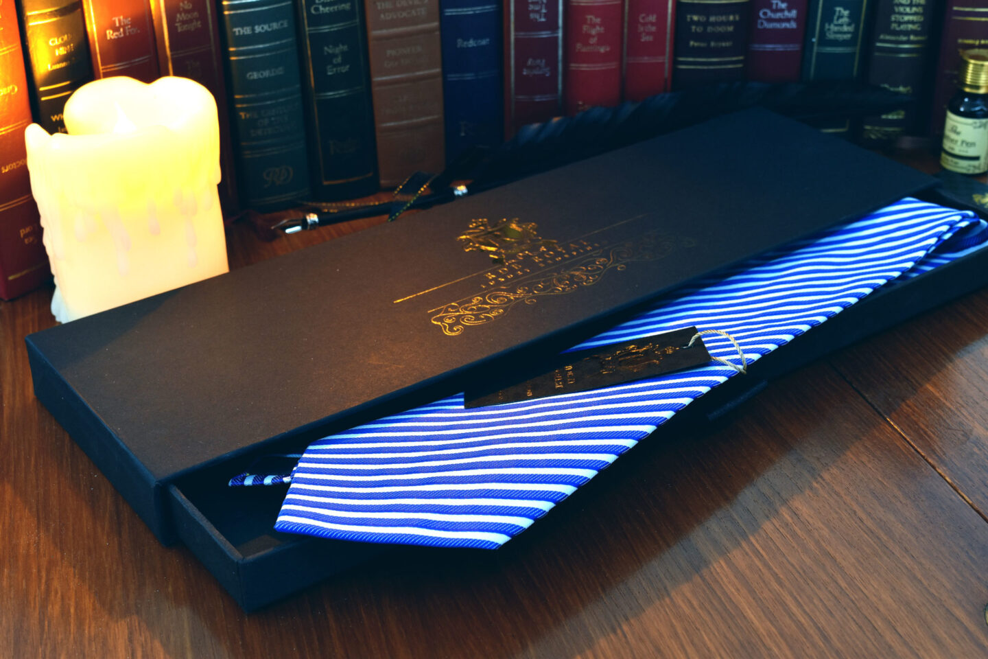 Blue white silk striped tie 