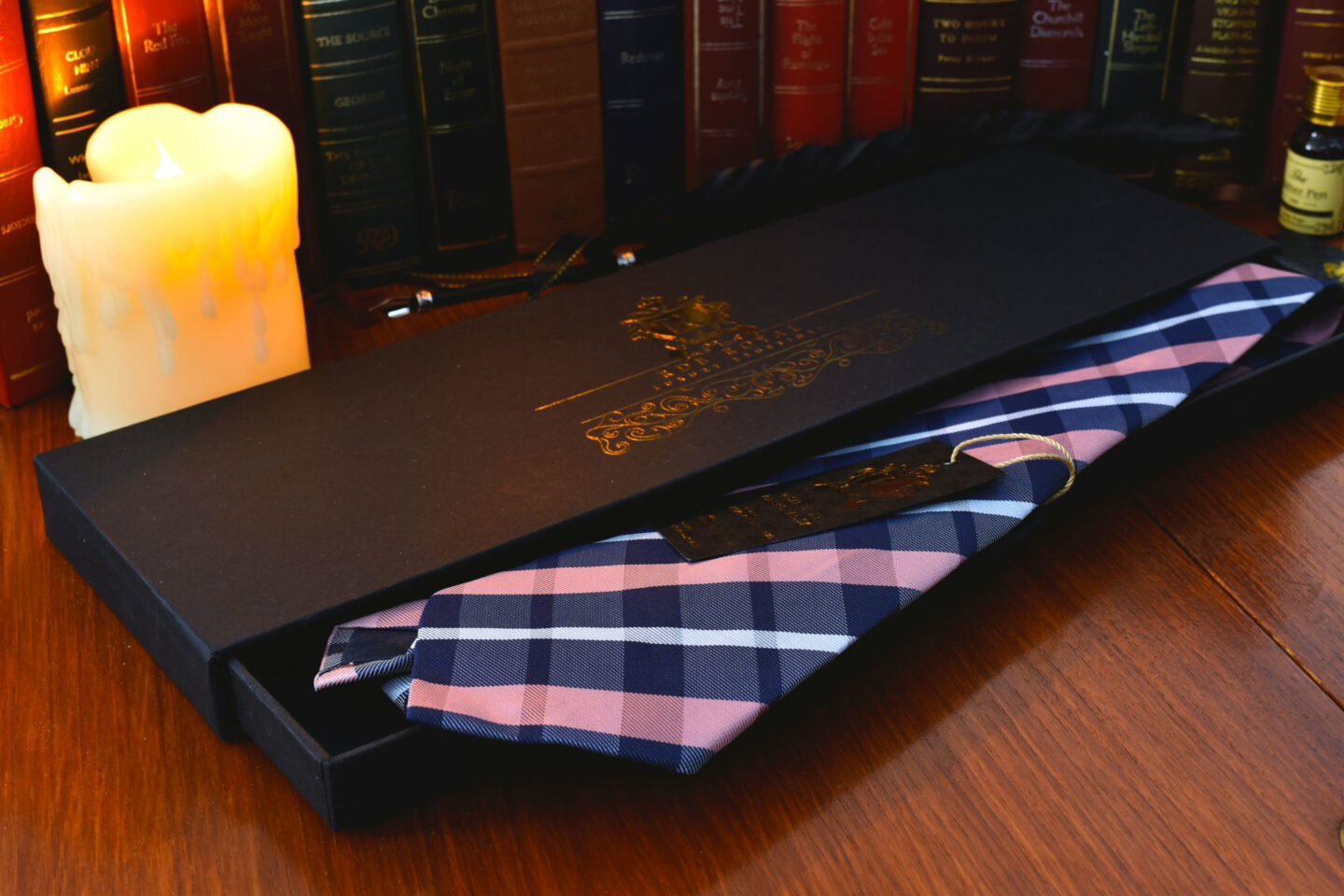 Blue and pink plaid striped necktie