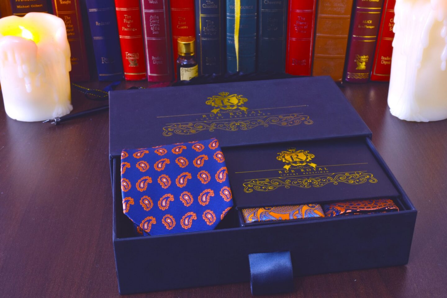Hodvábny luxusný modro oranžový elegantný pánsky set