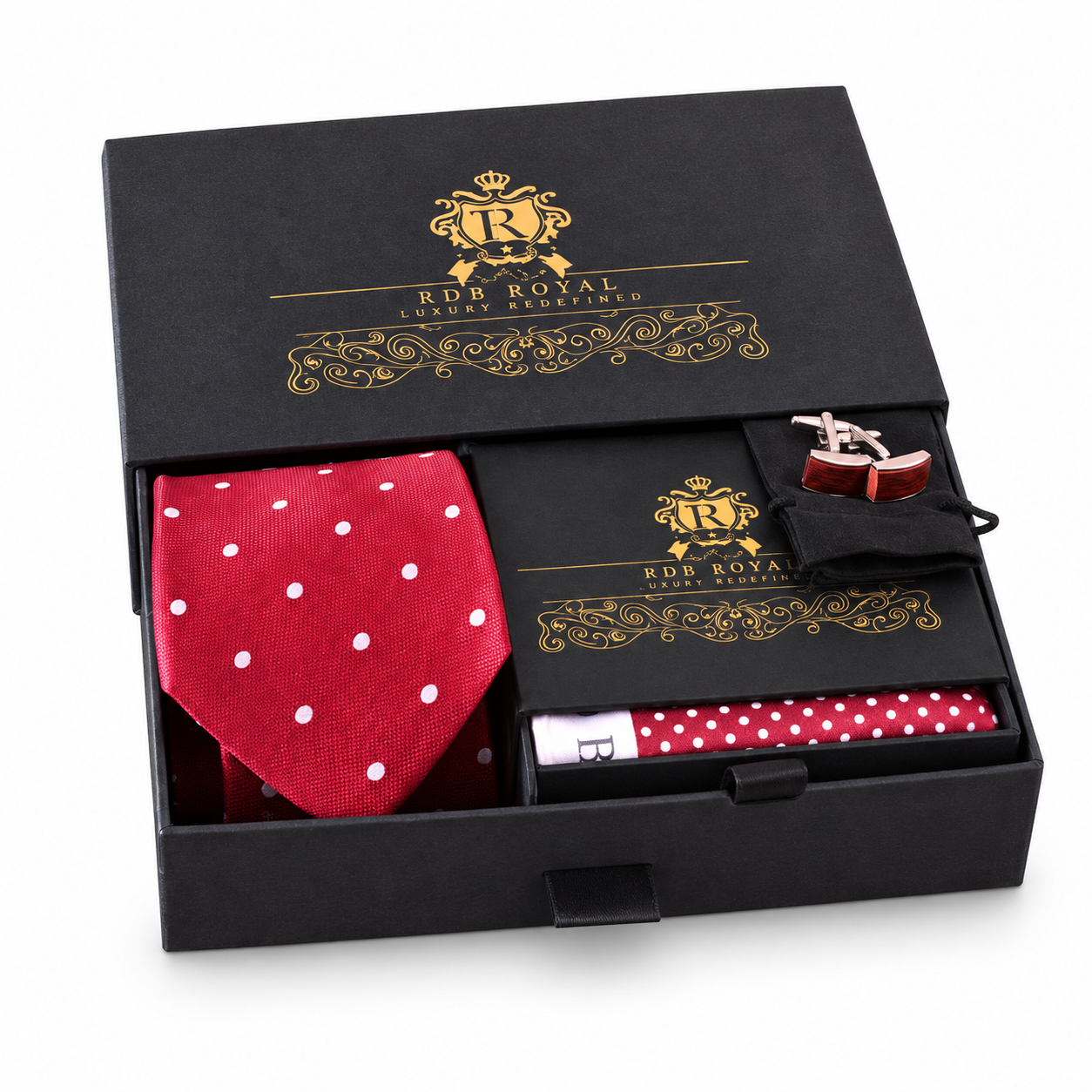 Červený darčekový set Pure Luxury Collection s kravatou a vreckovkou na bielom pozadí