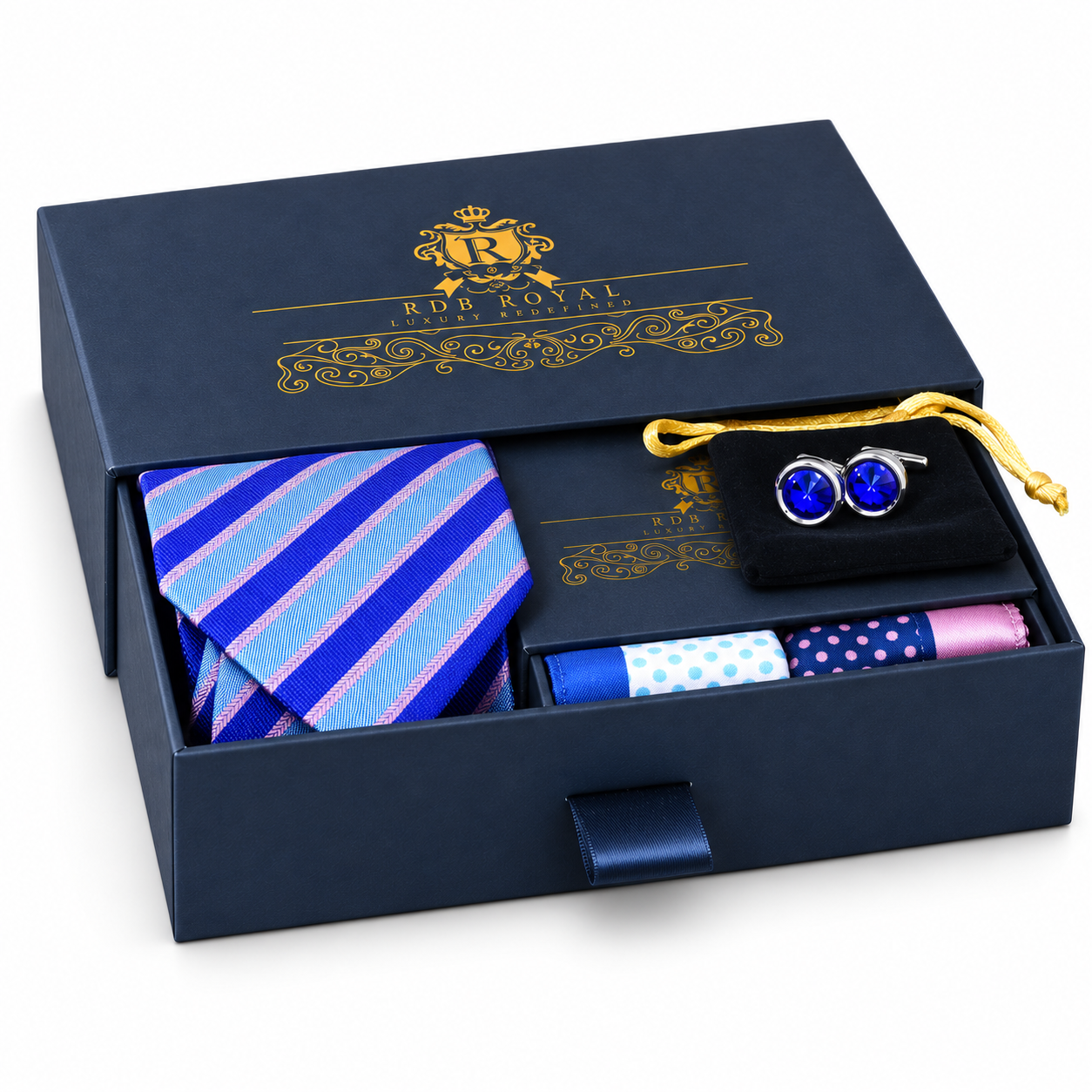 Modro-ružový darčekový set Pure Luxury Collection s dvoma vreckovkami a Swarovski gombíkmi na bielom pozadí