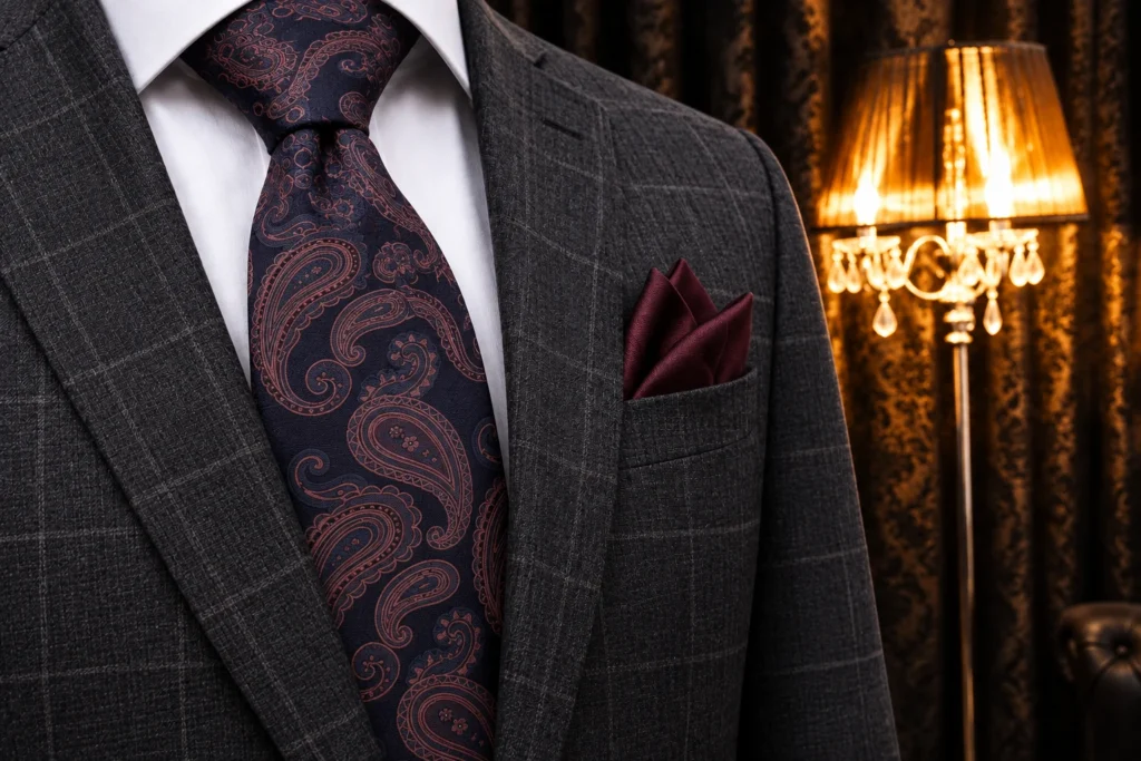 Detail produktu: Tmavomodrá kravata s bordovo-hnedým paisley vzorom