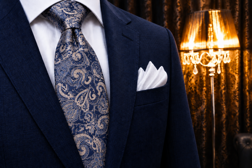 Detail produktu: Tmavomodrá hodvábna kravata s béžovým paisley vzorom
